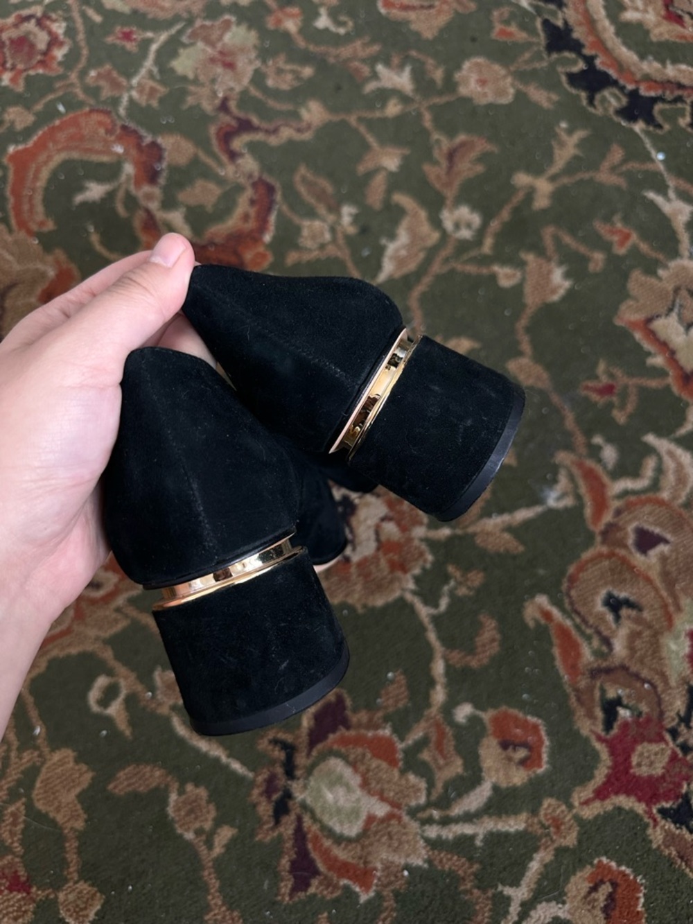 Black Suede Pointed Toe Block Heel Pumps - Picture 5 of 8
